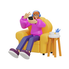3D character of a young woman with headphones holding a phone in an armchair