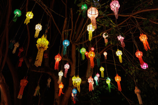 Hanging colorful lanna lanterns illuminating night in Chiang Mai