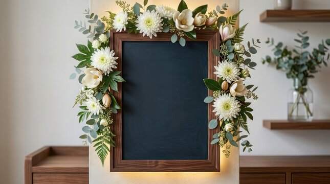 A beautiful blank chalkboard decorated with white flowers for a happy teachers day china celebration in a bright modern classroom