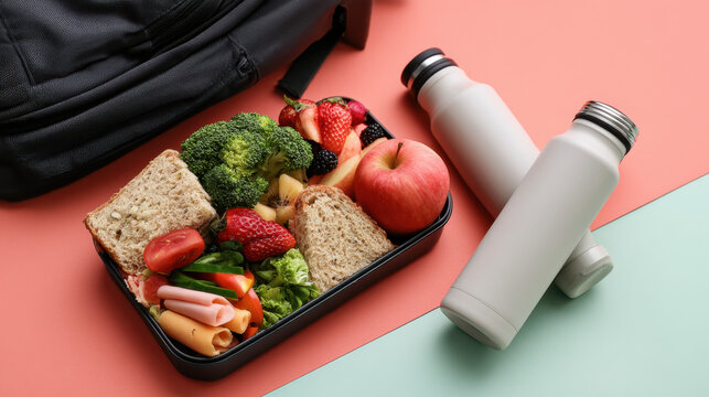 Healthy school lunch with sandwiches, fruit, vegetables and reusable bottles beside a backpack, representing nutrition, wellness, education and balanced eating