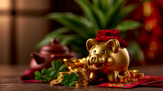 Golden piggy bank with lucky coins and chinese new year red envelopes, prosperity