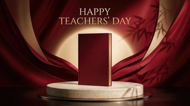 A red book stands on a marble pedestal with elegant curtains in the background celebrating happy teachers day china event