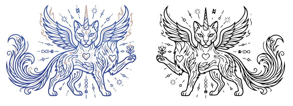 Celestial Winged Cat with Unicorn Horn Vector Line Art Illustration