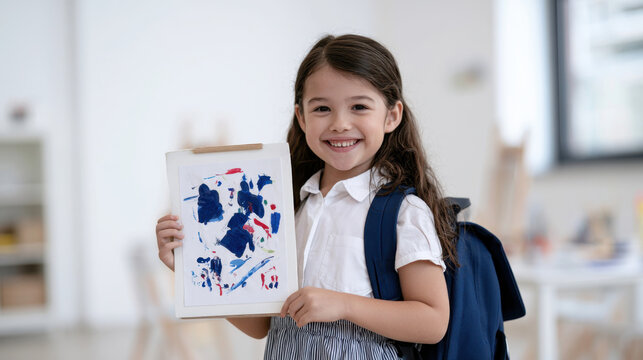 Smiling schoolgirl with backpack proudly holding up her colorful artwork in a bright classroom