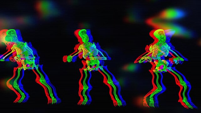 Three dancing skeletons move in sync across a dark background with colorful RGB chromatic shift glitch effects for Halloween party events