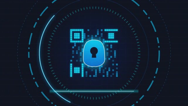 Glowing digital padlock icon protecting a dynamic qr code interface animation on dark blue screen background