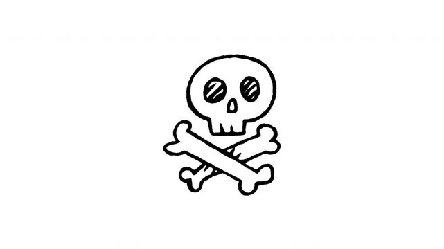 Hand drawn 4K skull crossbones doodle animation with boiling line motion. Frame by frame outline on black and green screen backgrounds, perfect for toxic poison symbol, death hazard warning.