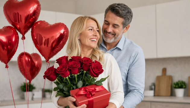Couple celebrating love with roses and gifts in a cozy kitchen  