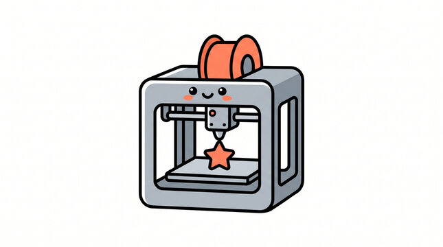 Cute 3D printer character printing object flat vector illustration isolated on white background