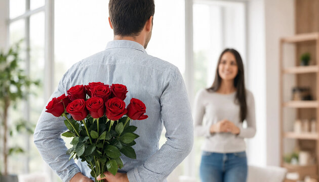 Man hiding bouquet of red roses behind back surprising woman  