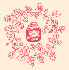 Round raspberry jam label with hand drawn jam jar and berry branch wreath in raspberry red on cream, vintage packaging design © Katio