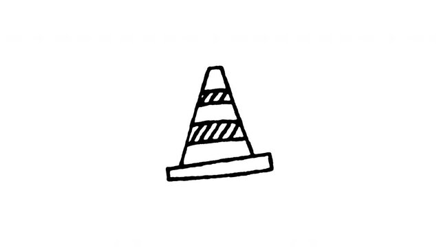 4K animated traffic cone doodle icon. Frame by frame line art on black and green screen chroma key background for road pylon barrier, construction warning cone, street safety hazard edits.