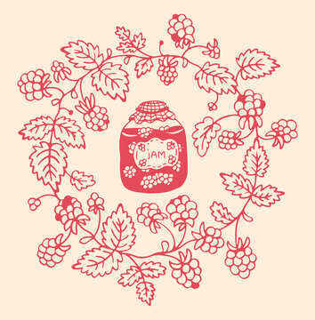 Round raspberry jam label with hand drawn jam jar and berry branch wreath in raspberry red on cream, vintage packaging design