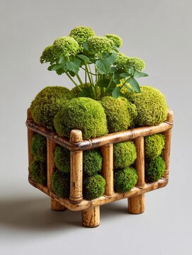 decorative moss and green plant in wooden basket for home decor and interior design