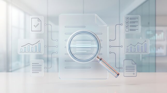 Magnifying glass over digital document with data analytics icons