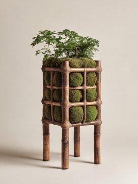 vintage bamboo plant stand with lush green foliage and moss decor modern indoor garden decor durable natural material