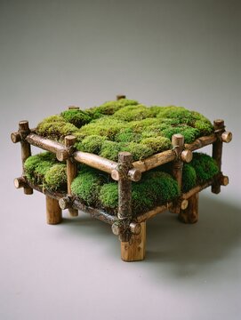 miniature wooden garden bed with lush green moss and plants for nature decor and craft projects