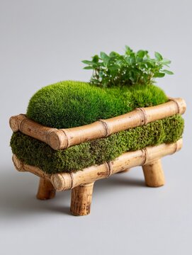 eco-friendly wooden stool with green moss and plant for natural decor and home interior design