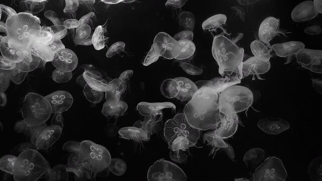 Transparent jellyfish displaying delicate bell shapes and distinctive flower-like markings.