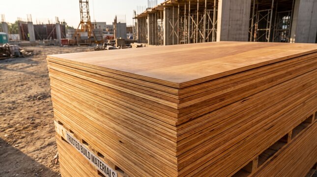 Large stack of plywood panels stored at a construction site, showing layered wood grain and smooth surfaces.