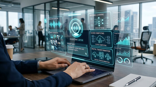 Business professional working on laptop with holographic data interface in modern office setting