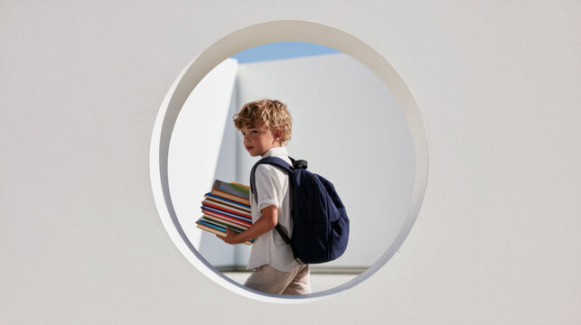 Schoolboy carrying books through circular architectural opening