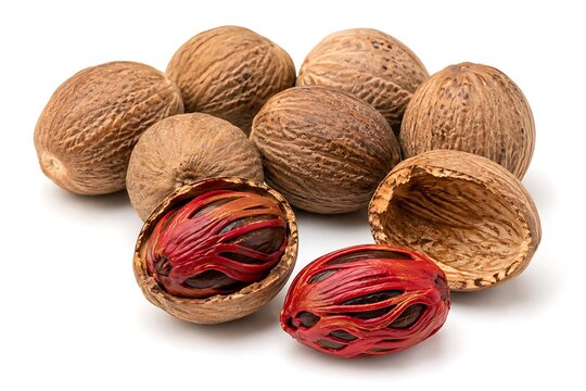 Whole nutmeg seeds and mace on white background