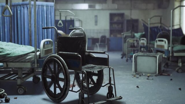 Solitary wheelchair beside vacant hospital bed, blue privacy curtains, folded linen and idle trolley, dim overhead fluorescents casting long shadows, clinical