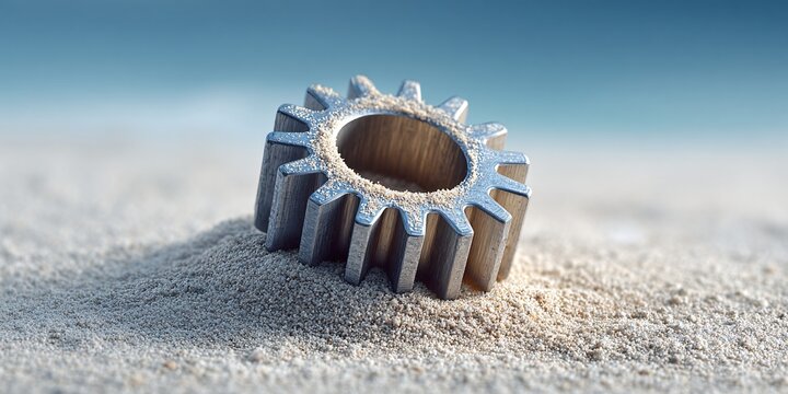 metallic gear on sandy beach with frosted edges in bright sunlight