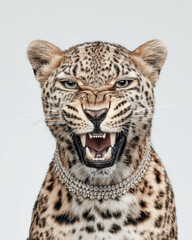 Naklejka premium Angry leopard snarling with mouth open wearing sparkling diamond necklace showing fierce expression and spotted fur pattern