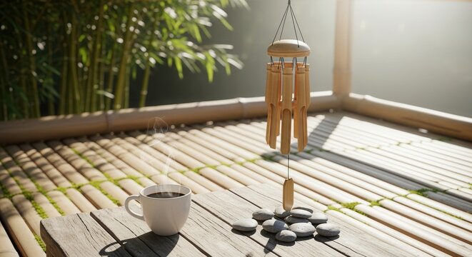 Serene Morning Coffee With Bamboo And Wind Chimes On A Sunlit Deck