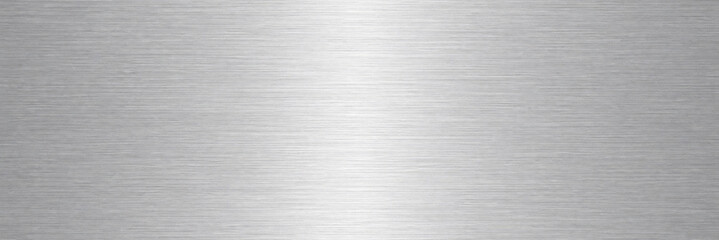 Brushed silver metal texture with horizontal grain, industrial stainless steel background for tech product displays, polished aluminum surface with central light reflection and metallic finish
