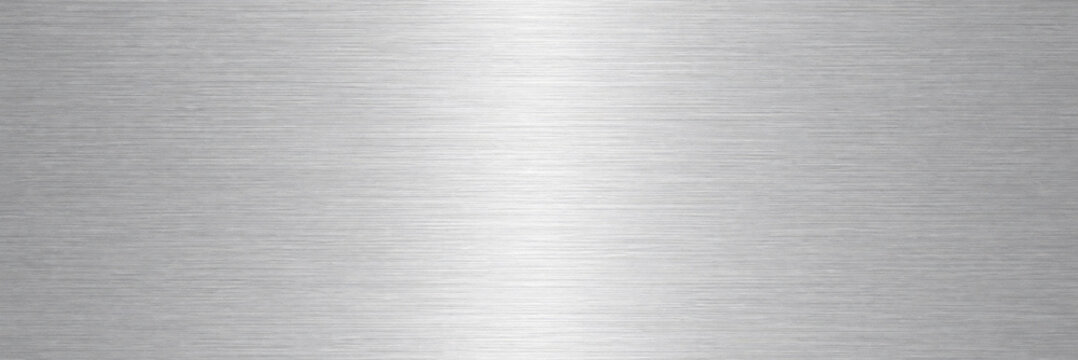 Brushed silver metal texture with horizontal grain, industrial stainless steel background for tech product displays, polished aluminum surface with central light reflection and metallic finish