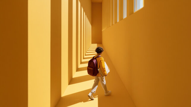 Young student walking through bright yellow minimalist corridor carrying backpack and books