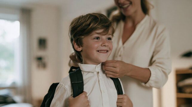 Mother helping her son get ready for school by adjusting his shirt before leaving home