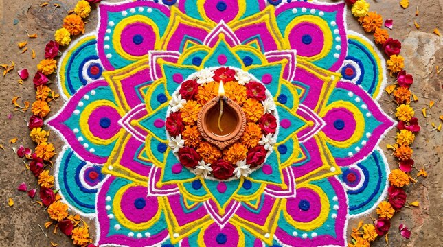 Top-Down Close-Up of Colorful Rangoli Pattern with Diya