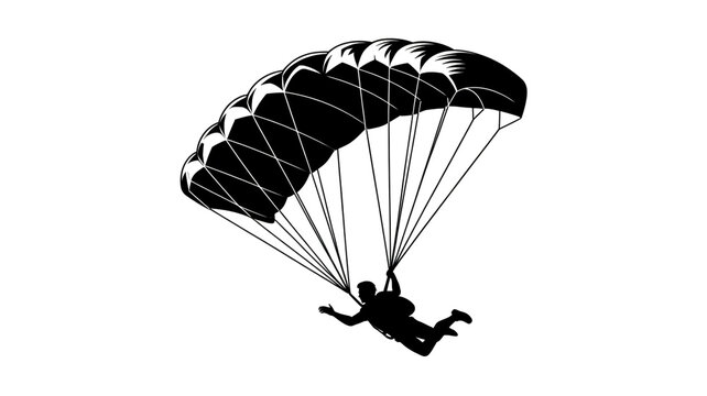 A black and white silhouette illustration of a skydiver gliding through the air with an open parachute canopy
