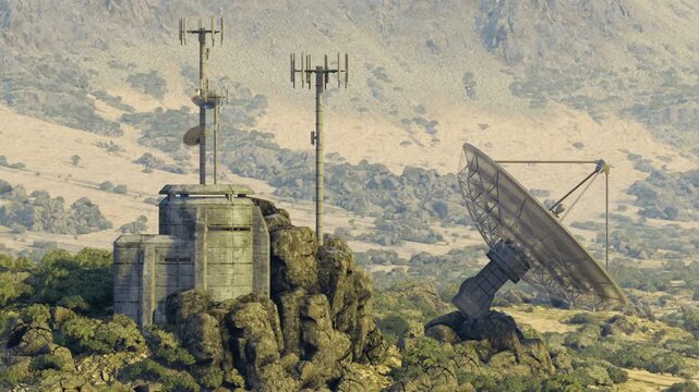 Weathered satellite dish next to bunker, close framing reveals support struts and coaxial cables, rusted mounts and nearby antenna mast, receiver cabin
