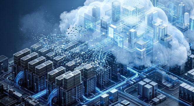 Futuristic 3D concept of cloud computing with glowing data streams connecting servers and a digital city skyline. Technology infrastructure and network services visualization.