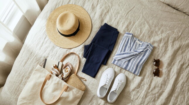 Flat lay of casual summer travel essentials arranged on a bed, including straw hat, tote bag, scarf, sunglasses, shirt, pants, and white shoes.