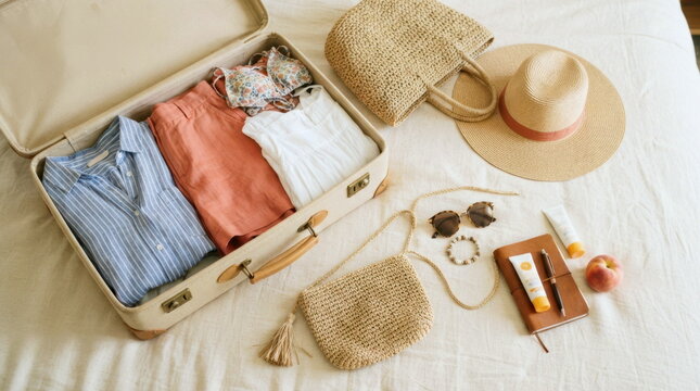Flat lay of an open suitcase with folded clothing, straw bag, hat, sunglasses and skincare on a bed. Vacation packing concept with warm, minimalist tones.
