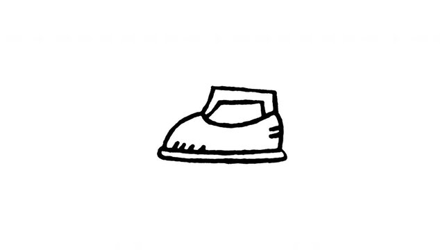 Animated 4K ironing allowed doodle icon. White hand drawn line art on black and green screen backgrounds for iron tool symbol, clothing care instruction, press temperature label edits.