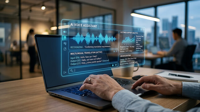 Hands typing on laptop displaying futuristic AI voice assistant interface with sound waves and data analytics