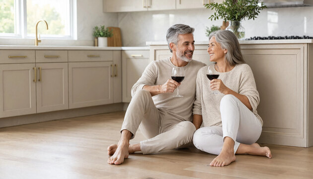 Mature couple enjoying red wine while sitting on kitchen floor  