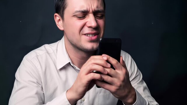Agitated man reacting to bad news on smartphone. Frustrated male user experiencing technical issues or negative message. Close-up with horizontal panning.