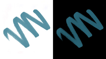 Fototapeta premium Teal brush stroke zigzag, hand drawn paint squiggle on white and black background, artistic ink mark for graphic design