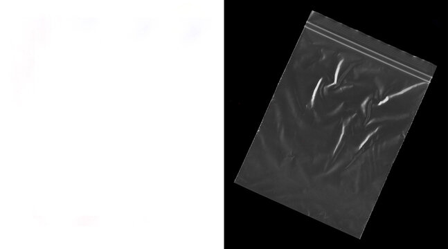 Transparent plastic bag texture on black background, wrinkled polyethylene zip bag, clear synthetic packaging material with creases