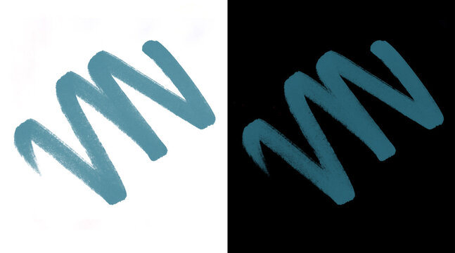 Teal brush stroke zigzag, hand drawn paint squiggle on white and black background, artistic ink mark for graphic design