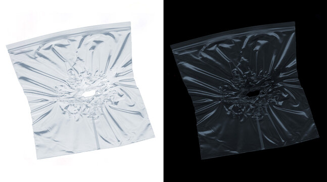 Transparent plastic bag mockup set, wrinkled polyethylene zip bag on white and black background, clear poly texture