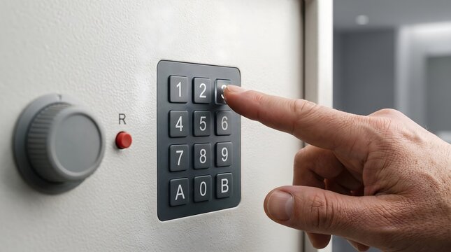 Hand entering numeric code on electronic keypad of a metal security safe for protection of valuables and financial assets management concept